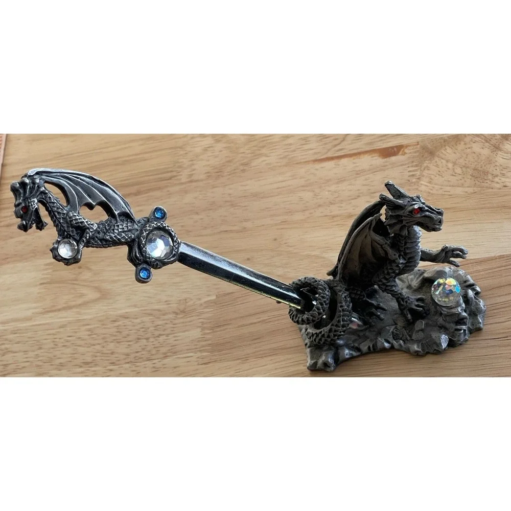 Sunglo 1990 Metal Dragon Letter Opener And‎ Holder With Rhinestones